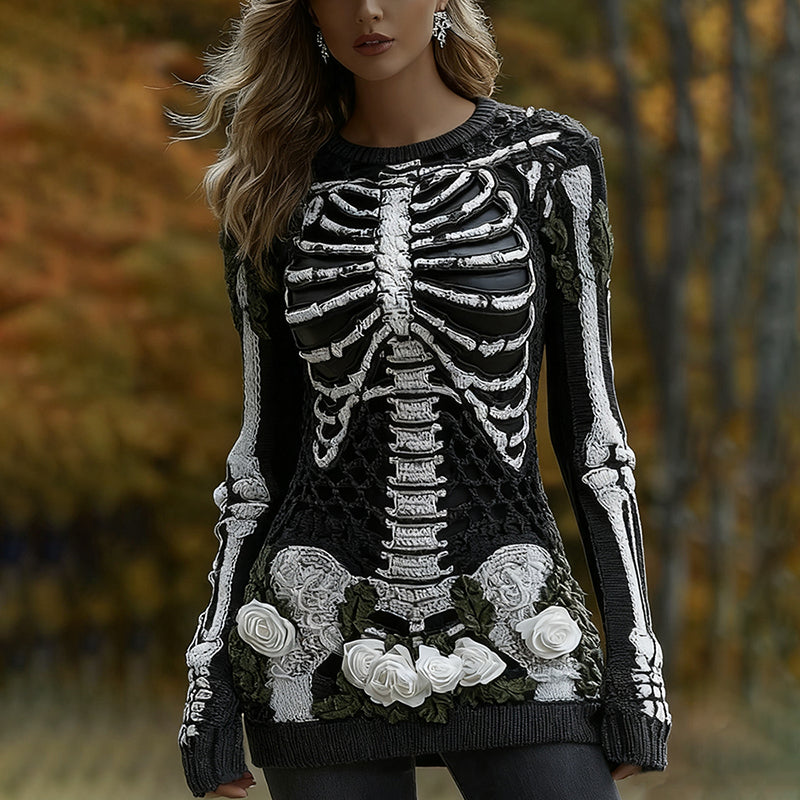 Women's Halloween Skeleton Bones With Roses Art Knitted Warm Sweater