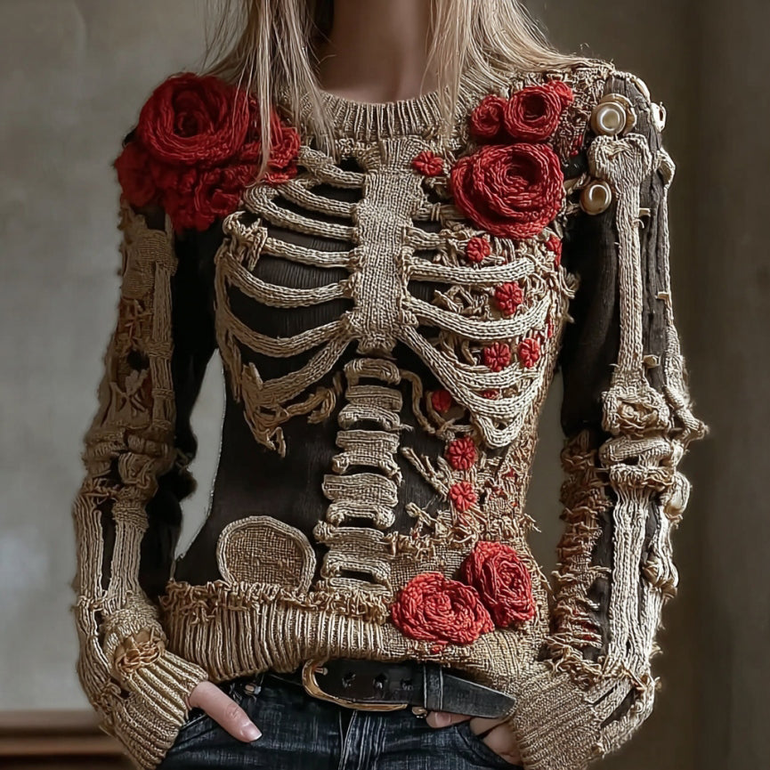 Women's Vintage Halloween Skeleton Red Rose Art Knit Pullover Sweater