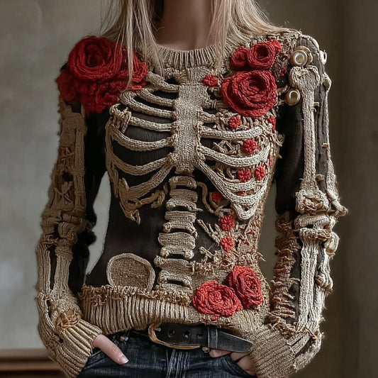 Women's Vintage Halloween Skeleton Red Rose Art Knit Pullover Sweater
