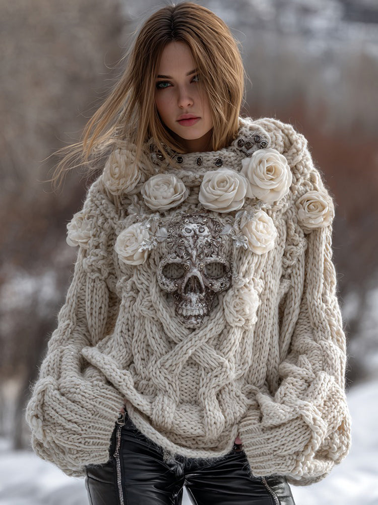 Vintage Viking Celtic White Rose Skull Cozy Knit Turtleneck Sweater