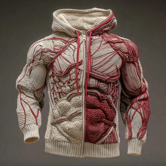 Men's Anatomical Art Warm Chunky Knit Zip-up Sweater