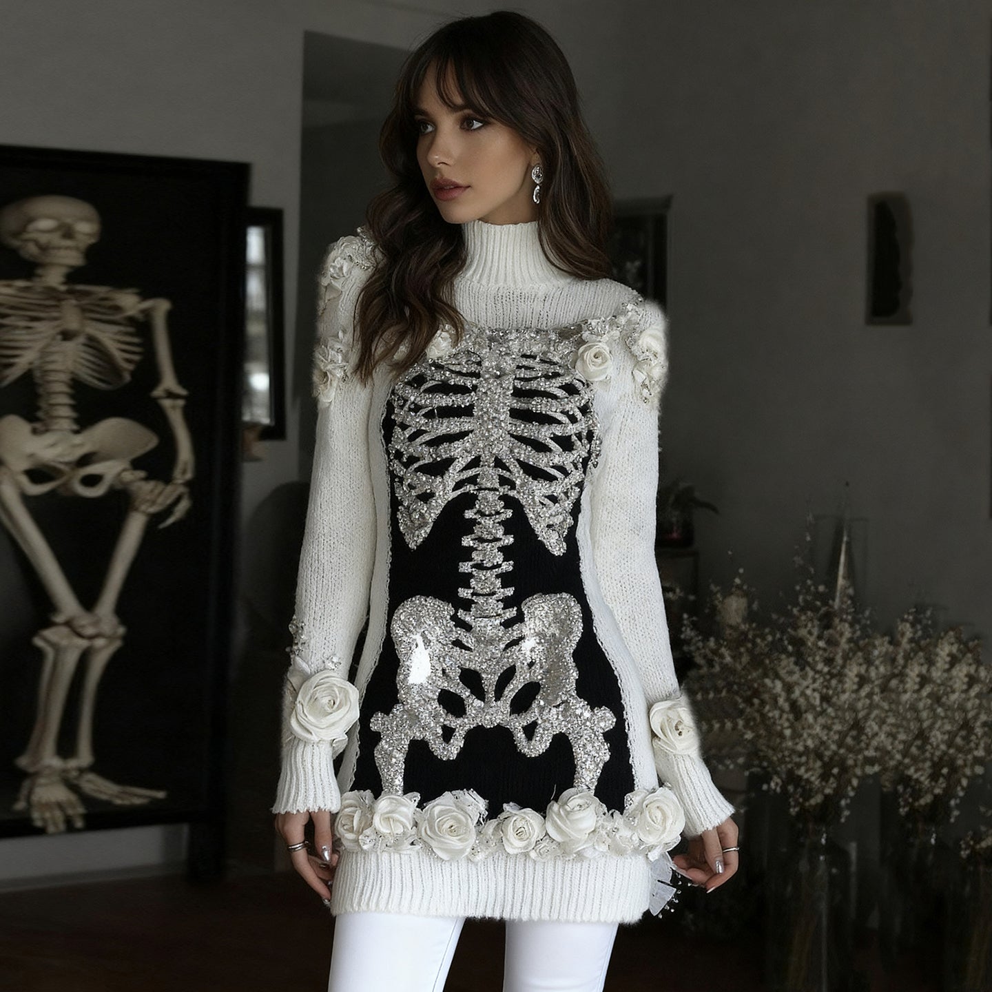 Women's Vintage Skeleton & Rose Art Cozy High Neck Sweater