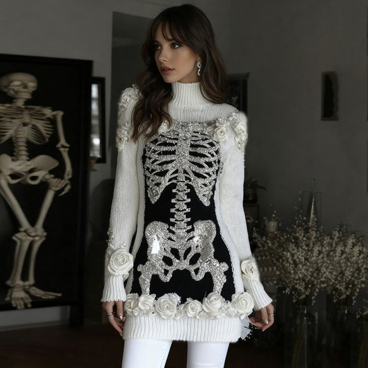 Women's Vintage Skeleton & Rose Art Cozy High Neck Sweater