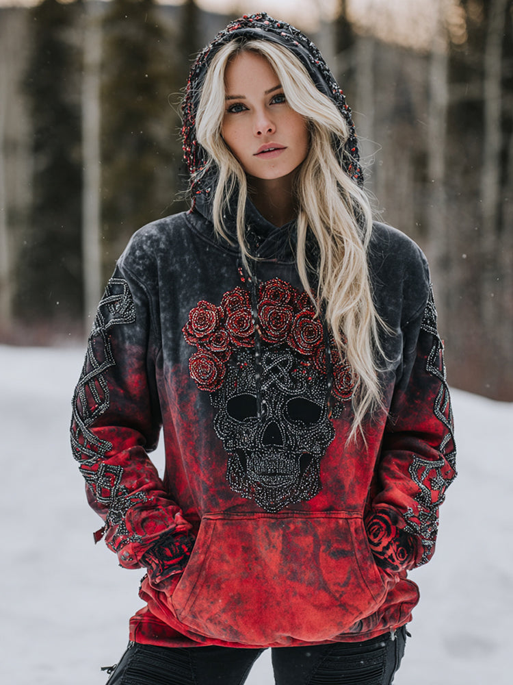 Women's Vintage  Viking Tribal Skull Flower Gradien Art Cozy Hoodie