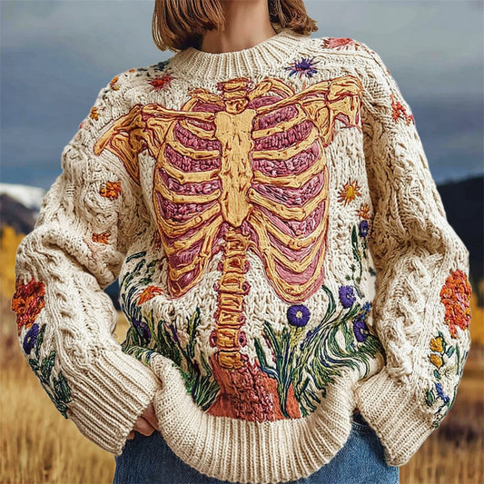 Vintage Anatomical Skeleton Floral Embroidery Women's Knit Crew Neck Sweater