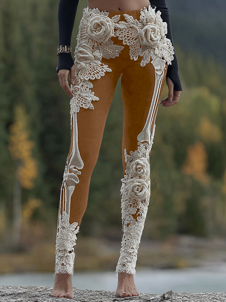 Vintage Halloween Skeleton Bones With Rose Art Cozy Knit Leggings