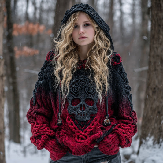 Women's Vintage Viking Tribal Celtic Skull Gradient Art Chunky Knit Hooded Sweater