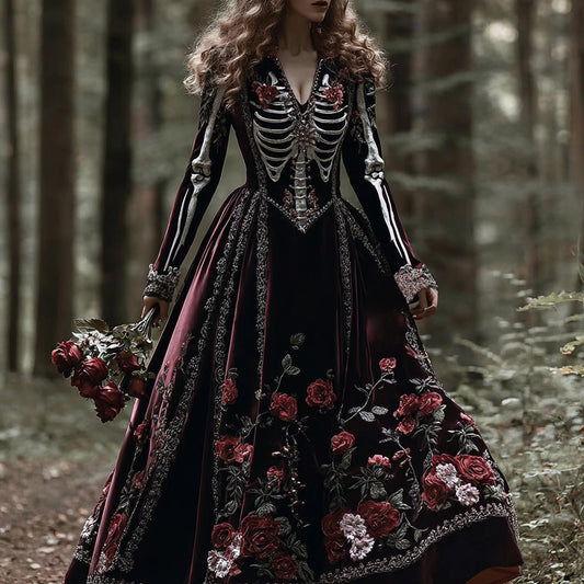 Vintage Skeleton Bones With Roses Flowy Maxi Dress