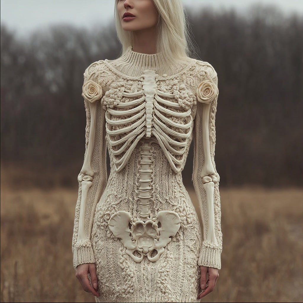 Vintage Skeleton White Roses Slim Fit Cozy Knit Sweater Dress