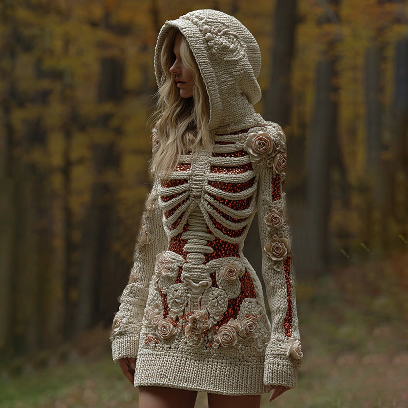 Women's Halloween Skull Floral Knit Hooded Sweater Mini Dress