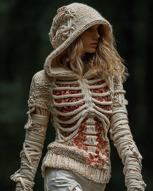 Halloween Skeleton Bandages Art Women's Knit Hooded Sweater