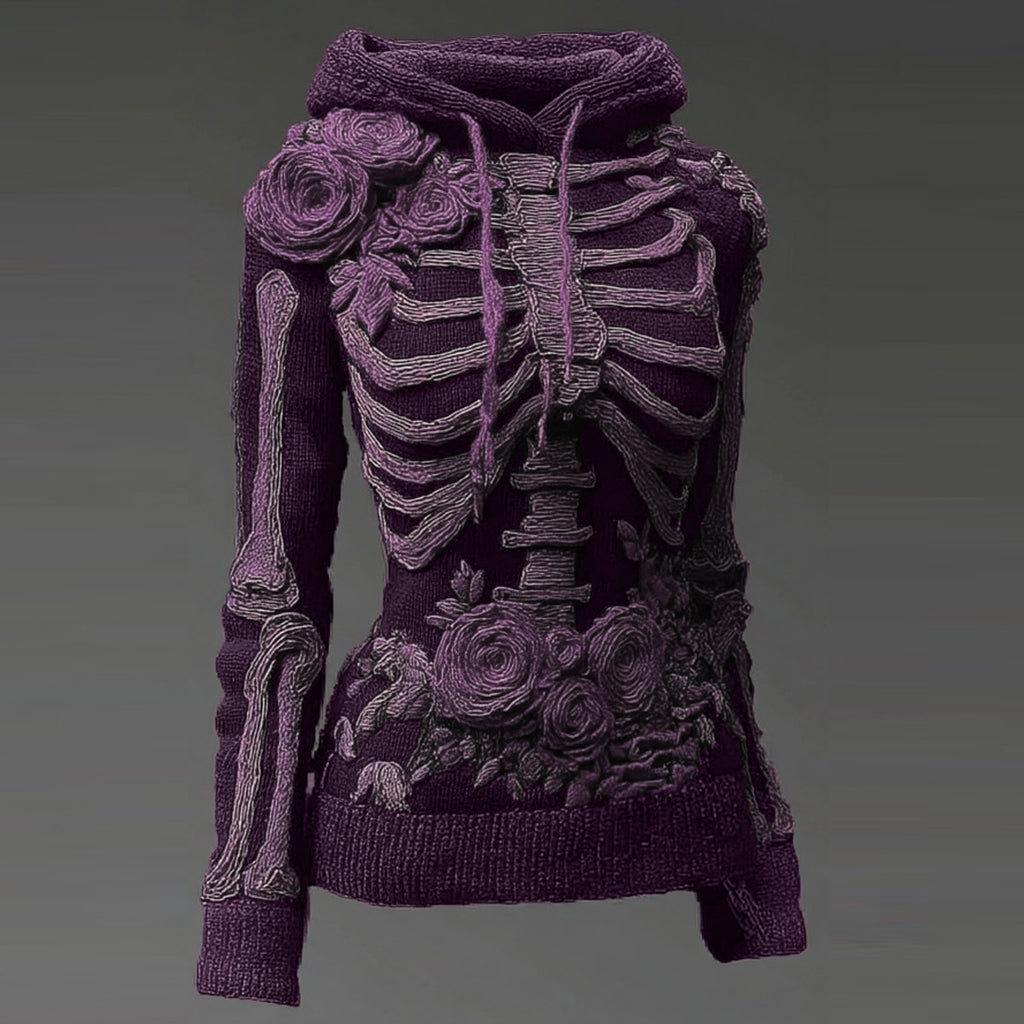 Vintage Halloween Anatomy And Rose Art Knit Hooded Sweater