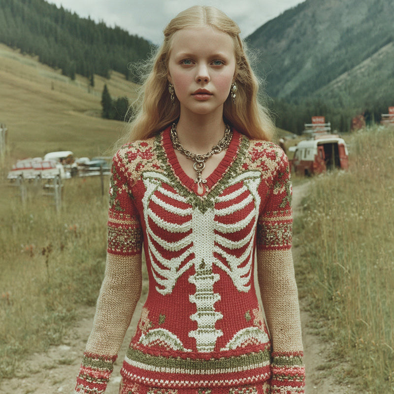 Women's Halloween Skull Rib Art V Neck Knit Pullover Sweater