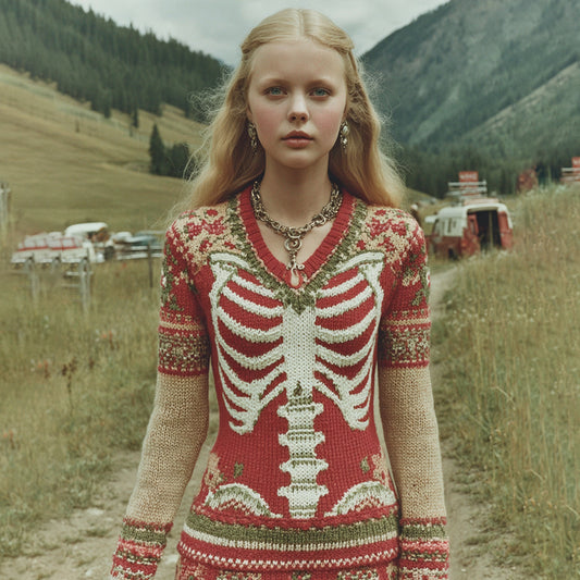 Women's Halloween Skull Rib Art V Neck Knit Pullover Sweater