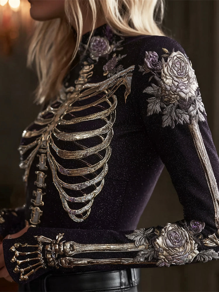 Sequin Skull Floral Art Women's Fitted Top