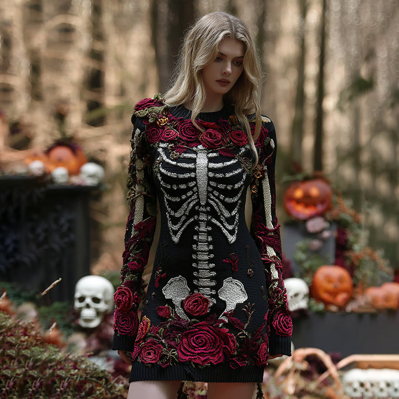 Women's Retro Floral Skull Knit Mini Sweater Dress
