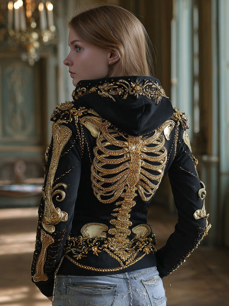 Women's Gothic Skull And Floral Embroidered Hoodie