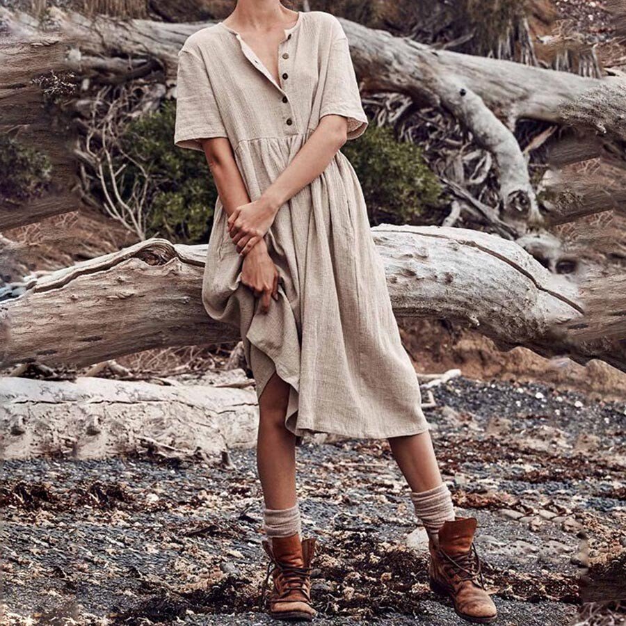 Airrys™ Pure Color Casual Cotton And Linen Short Sleeve Dress