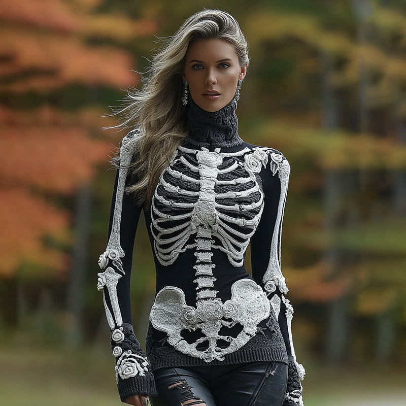 Women's Halloween Skeleton Bones With Roses Art Knitted Warm Turtleneck Sweater