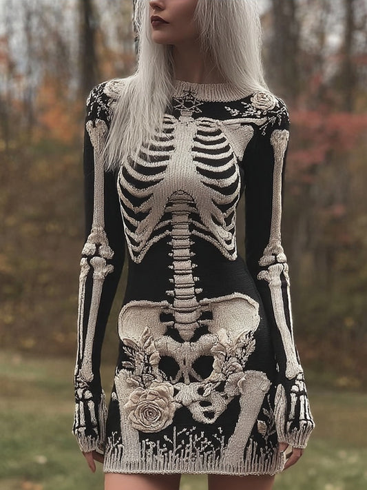 Vintage Skeleton White Roses Cozy Knit Sweater Mini Dress