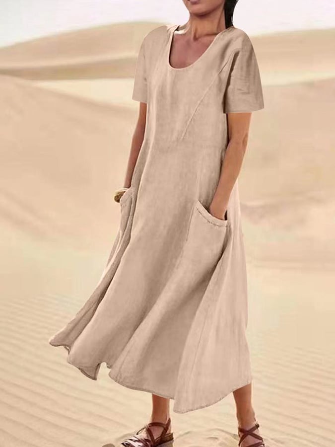 Solid Cotton Linen Pocket Short Sleeve Round Neck Dress
