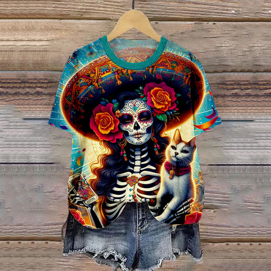 Mexican La Catrina With Cat Day Of The Dead Art Pattern Print Cotton Graphic T-Shirt