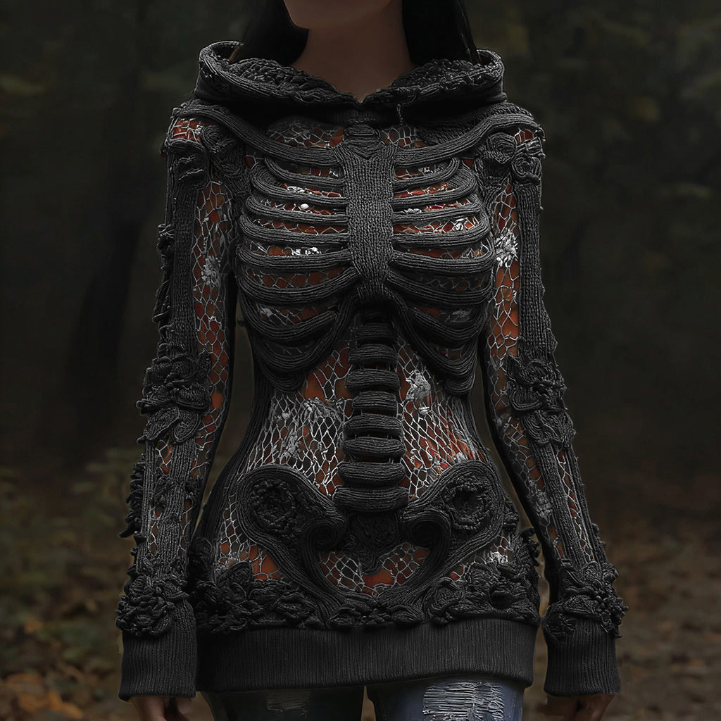 Vintage Halloween Anatomy And Rose Art Knit Hooded Sweater