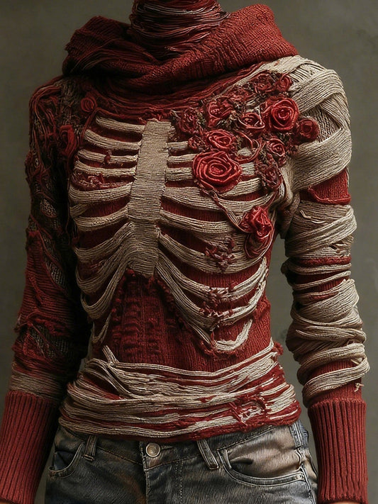 Halloween Bandage Skull Rose Art Slim Fit Knit Hooded Sweater