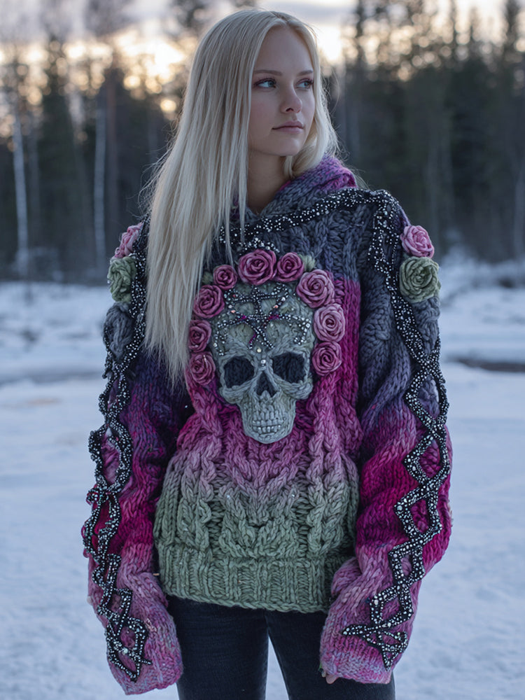 Women's Vintage Skull Flower Gradient Art Cozy Knitted Hooded Sweater