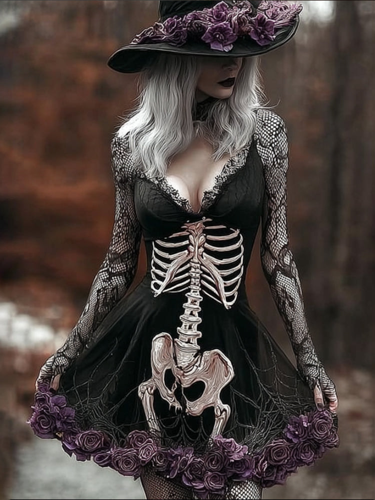 Women Halloween Human Anatomy Flower Splicing Lace Ancient Short Skirt