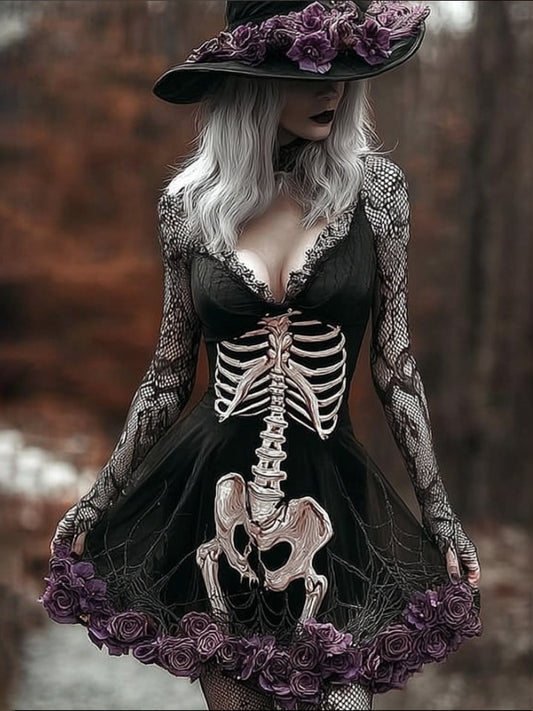 Women Halloween Human Anatomy Flower Splicing Lace Ancient Short Skirt