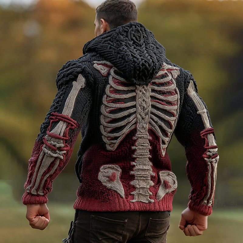 Halloween Scary Skeleton Human Anatomy Celtic Gradient Knit Zipper Up Hooded Cardigan