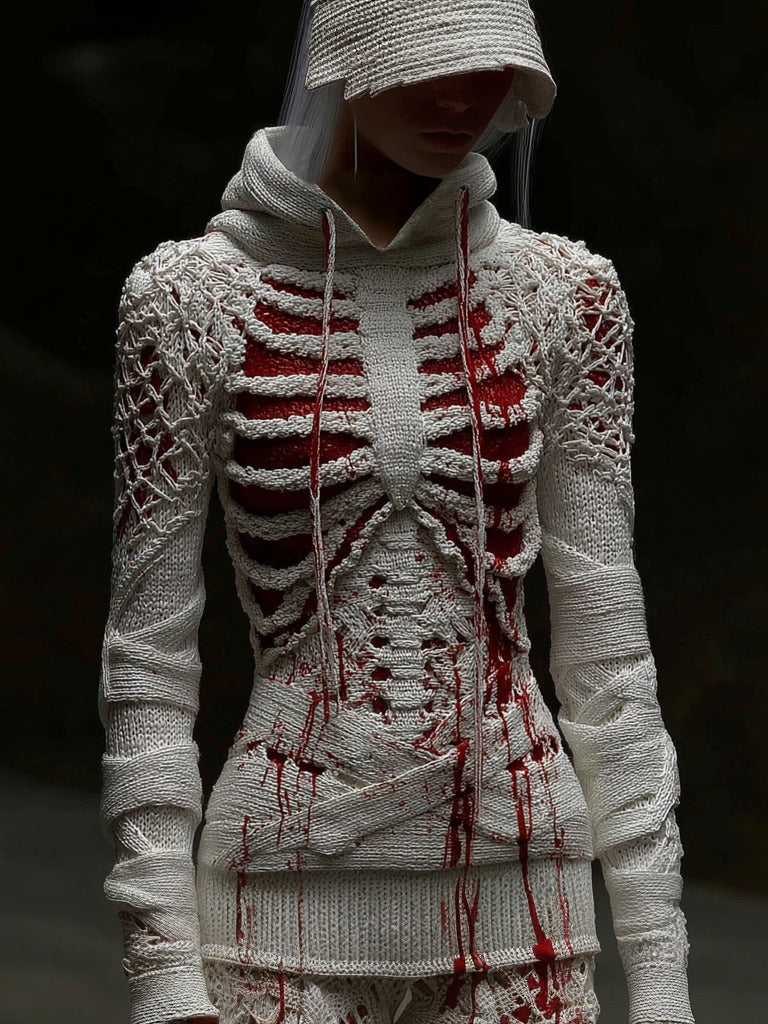 Halloween Bandage Skull Art Slim-fit Knit Hooded Sweater