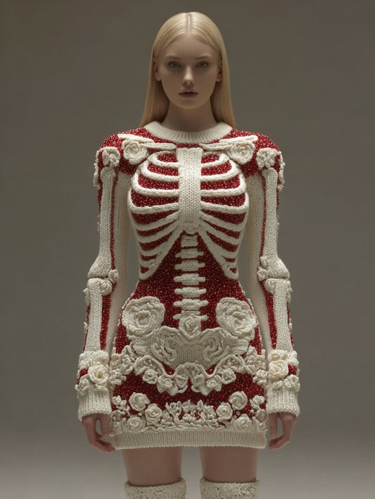 Women's Vintage Halloween Skeleton Bones Rose Art Cozy Knit Mini Sweater Dress