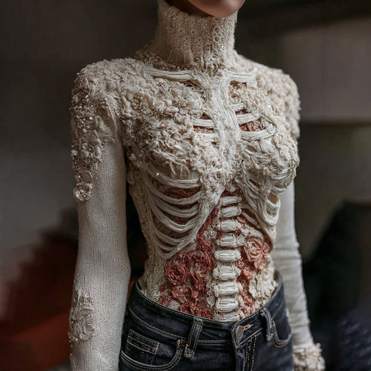 Women's Vintage Skeleton & Floral Art Cozy High Neck Sweater