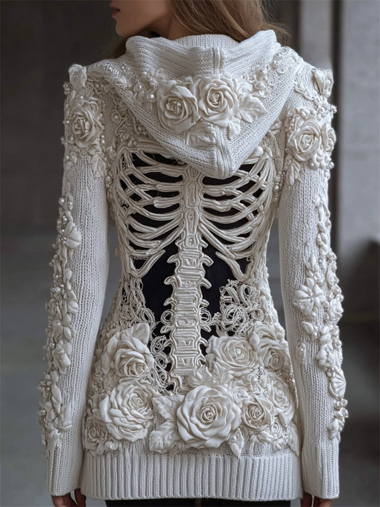 Classy White Roses Beaded Skeleton Hooded Cozy Knit Cardigan