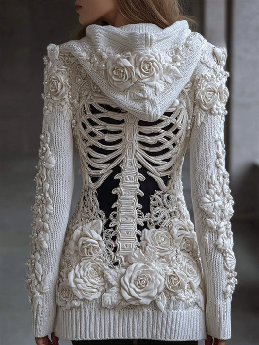 Classy White Roses Beaded Skeleton Hooded Cozy Knit Cardigan