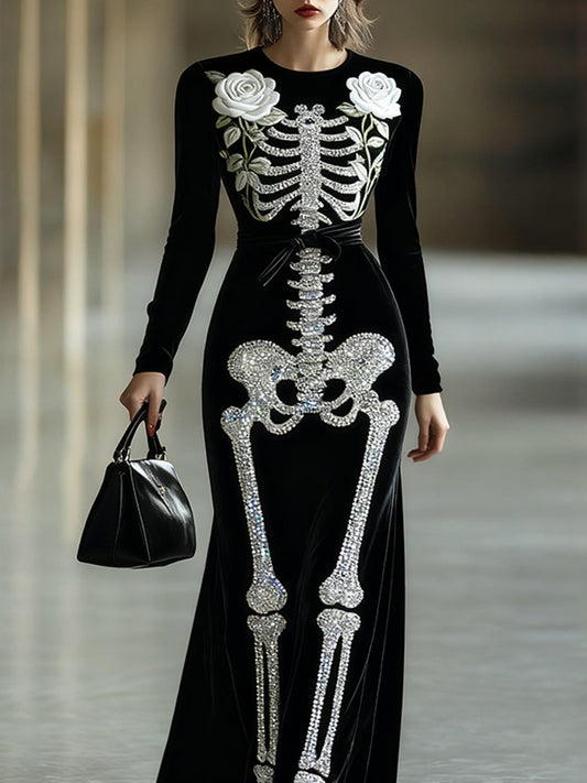Women's Halloween White Rose Skeleton Velvet Crew Neck Maxi Dress