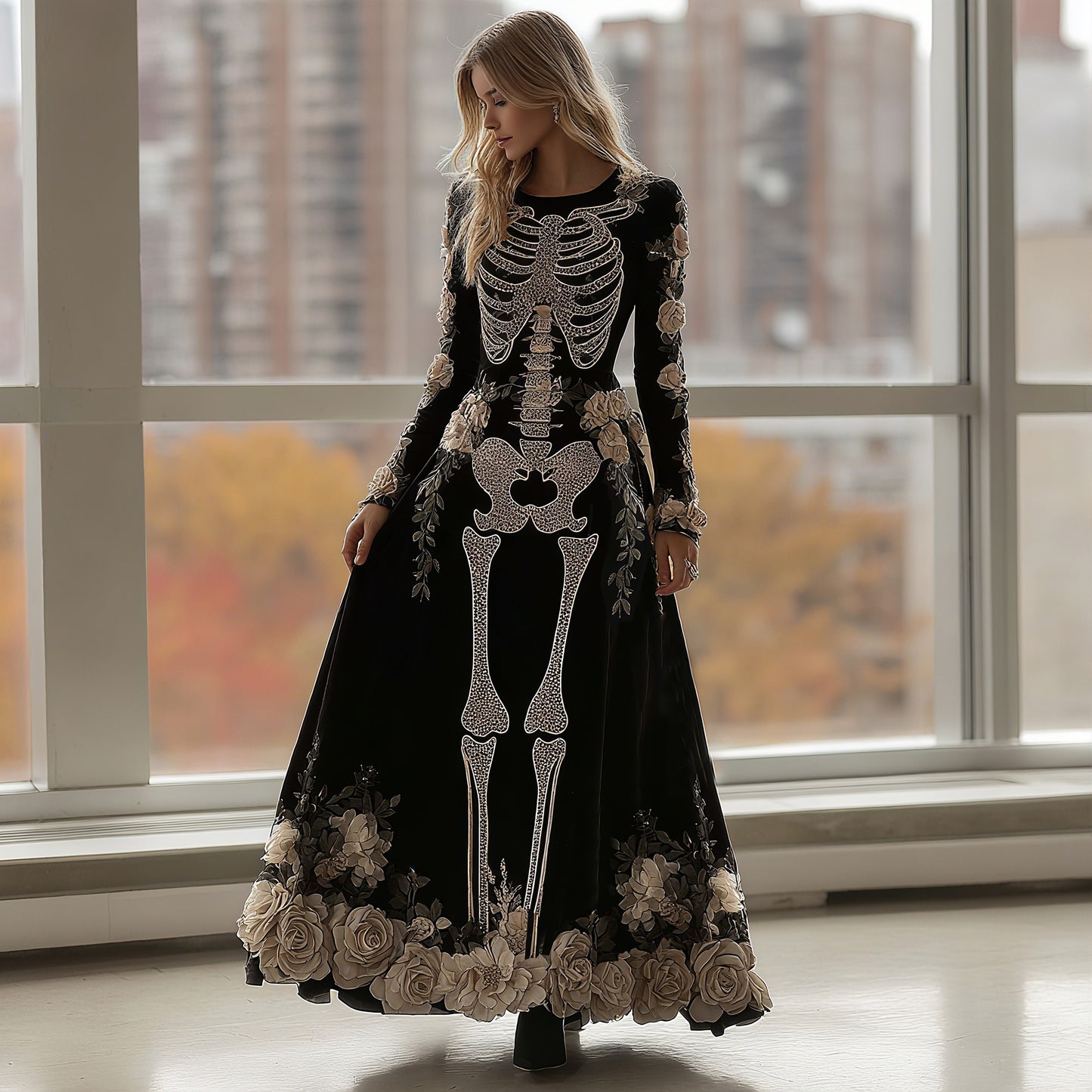 Women's Halloween Rose Skeleton Velvet Round Neck Maxi Dress