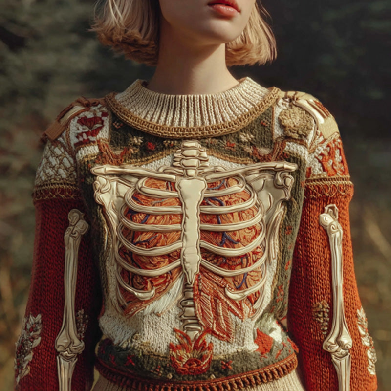 Vintage Halloween Human Anatomy Art Sense Thick Needle Round Neck Sweater