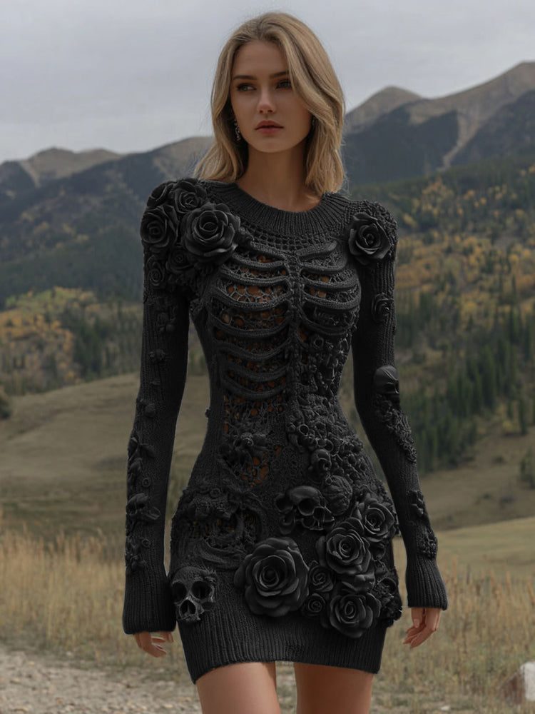 Women's Vintage Halloween Skeleton Skull With Rose Art Cozy Sweater Dress
