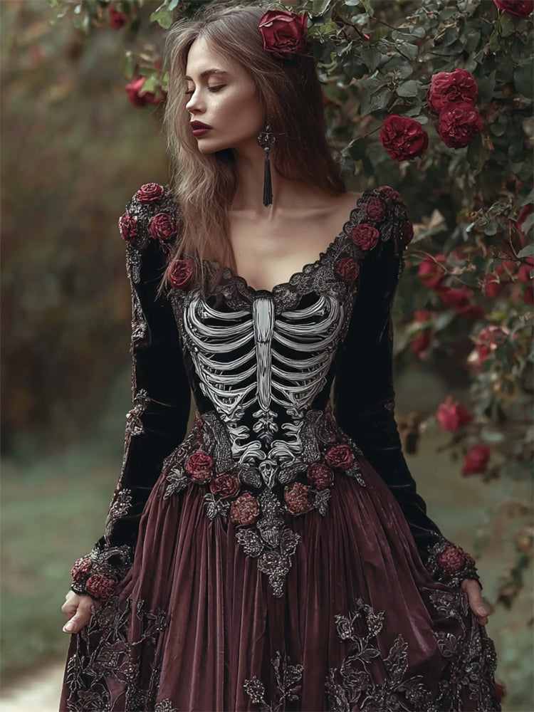 Vintage Skeleton Red Roses Embroidered Contrast Velvet Maxi Dress