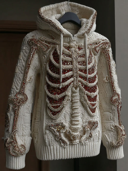 Women's Vintage White Skeleton Art Cozy Hooded Sweater