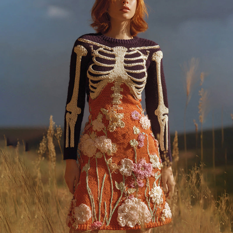 Women's Halloween Warm Tone Skull Rose Embroidered Dress