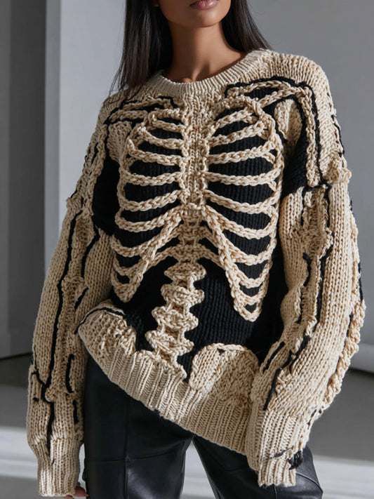 Women's Skeleton Crew Neck Color Block Cozy Sweater