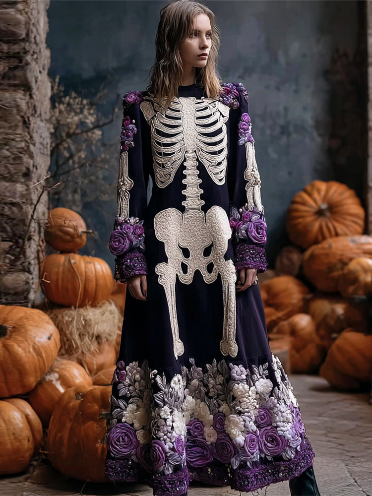 Skeleton & Floral Embroidery Art Women's Flannel Maxi Dress