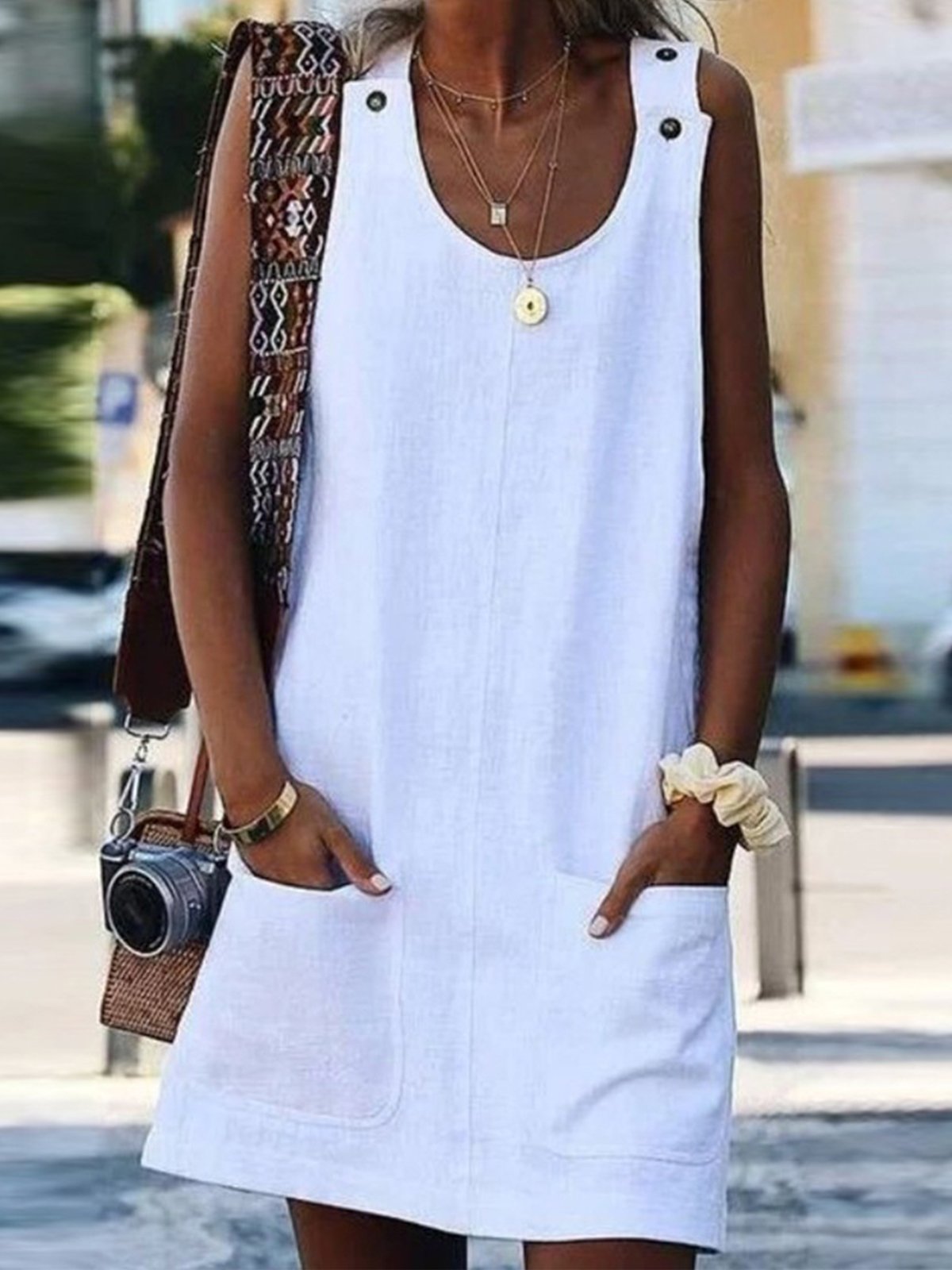 Women's Pure Color Strap Cotton Linen Dress