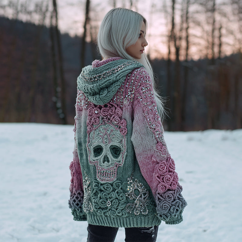 Women's Flower Skull Comfort Loose Gradient Button Sweater Cardigan
