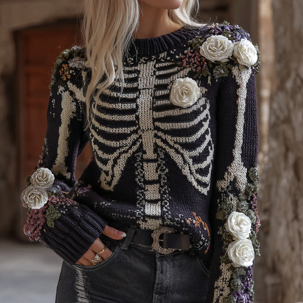Women's Vintage Floral & Skeleton Art Crew Neck Cozy Sweater