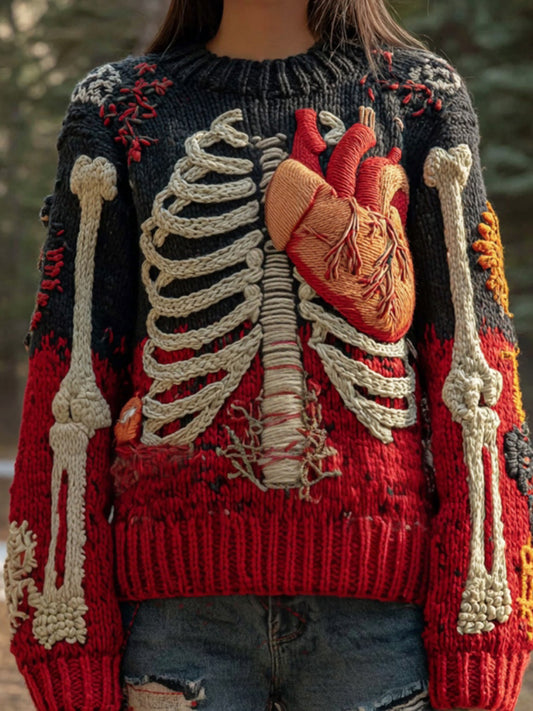 Vintage Halloween Anatomy And Red Heart Art Chunky Knitted Sweater